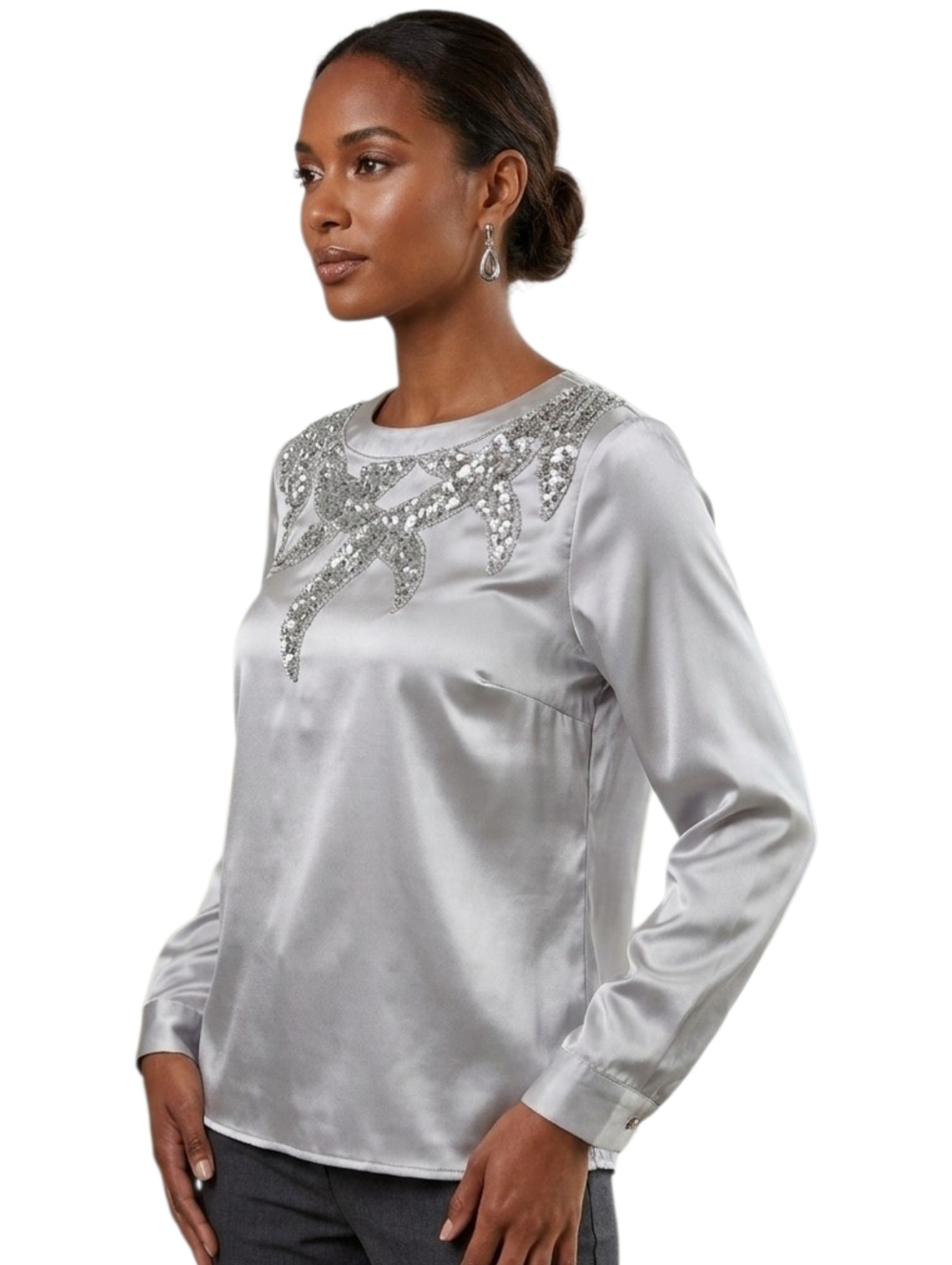 Silver silk-like bling glitter blouse